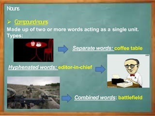 Nouns
 Compoundnouns
Made up of two or more words acting as a single unit.
Types:
Separate words: coffee table
Hyphenated words: editor-in-chief
Combined words: battlefield
 