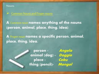 Nouns
 Common Nouns and Proper nouns
A Common noun names anything of the nouns
(person, animal, place, thing, idea)
A Proper noun names a specific person, animal,
place, thing, idea.
person - Angela
animal (dog) - Doggie
place - Cebu
thing (pencil)- Mongol
 