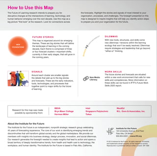 A combination of drivers is breaking
learning—and education overall—
out of traditional institutional
environments and embedding it in
everyday settings and interactions,
distributed across a wide set of
platforms and tools.
As connective and mobile technologies
spread, content proliferates and
becomes increasingly available through
open sources, and new modes of
value creation emerge, we are moving
away from the model where learning
is organized around stable, usually
hierarchical institutions (schools,
colleges, universities) that for better
and for worse have served as main
gateways to education and social
mobility. Replacing that model
is a new environment in which learning
is best conceived of as a flow, where
learning resources are not scarce
but widely available, opportunities
for learning are abundant, and
learners increasingly have the ability
to autonomously dip into and out of
continuous learning flows.
The transformation from educational
institutions to learning flows is
profound and disruptive, and no
existing institution will have the luxury
of remaining unchanged. Such
transformation requires us to rethink
all of the assumptions, structures, and
principles that have worked thus far. It
also raises a new set of questions and
challenges that educational institutions,
learners, and our society as a whole will
have to grapple with.
This map is a synthesis of key
components of the emerging learning
ecology. Using IFTF’s forecasting
methodologies such as expert
workshops, interviews, data and signals
analysis, we have created this map to
highlight important future stories that
will be shaping the world of learning
over the next ten years.
FROM EDUCATIONAL INSTITUTIONS
to
learning flow
s
“The illiterate of the
21st century will not be
those who cannot read and
write, but those who
cannot learn, unlearn,
and relearn”
–Alvin Toffler
How to Use this Map
The Future of Learning research intends to prepare you for
disruptive changes at the intersections of learning, technology, and
human behavior emerging over the next decade. Use this map as a
big picture “first look” at the research. Look for connections across
About the Institute for the Future
The Institute for the Future is an independent, nonprofit strategic research group celebrating
45 years of forecasting experience. The core of our work is identifying emerging trends and
discontinuities that will transform global society and the global marketplace. We provide our
members with insights into business strategy, design process, innovation, and social dilemmas.
Our research generates the foresight needed to create insights that lead to action and spans a
broad territory of deeply transformative trends, from health and health care to technology, the
workplace, and human identity. The Institute for the Future is based in Palo Alto, California.
Dilemmas
With new tools, structures, and skills come
new dilemmas—tensions within the learning
ecology that won’t be easily resolved. Dilemmas
require strategies and leadership that go beyond
“either-or” thinking.
Work Skills
The future stories and forecasts are situated
within a new work environment that calls for new
skills and competencies. More information on
these skills can be found in IFTF’s Future Work
Skills 2020 report.
Signals
Around each cluster are smaller signals:
the details that add up to the big stories
and forecasts. These are the early indicators,
tools, technologies, and processes that
together point to major shifts for the future
of learning.
FUTURE STORIES
This map is organized around six emerging
themes. These are big stories that will define
the landscape of learning in the coming
decade. Each theme is comprised of three
or four forecast clusters—important shifts.
currently in their early stages, that will grow in
the coming years.
the forecasts. Highlight the stories and signals of most interest to your
organization, processes, and challenges. The foresight presented on this
map is designed to inspire insights that will help you identify action steps
to prepare you and your organization for the future.
burden
vs
em
p
o
w
erment
Research for this map was made
possible by sponsorship from:
© 2013 Institute for the Future. All rights reserved. All brands
and trademarks remain property of their respective owners.
Reproduction is prohibited without written consent. SR-1580
Institute for the Future
124 University Avenue, 2nd Floor
Palo Alto, CA 94301
650.854.6322 | www.iftf.org
Fromepisodictocontinuouslearning
Inaneraoflearningflows,opportunities
forlearningarepotentiallyembeddedinto
everyactivityandencounter.Youcanlearn
aboutplants,history,orarchitecturewhile
walkingdownthestreet,orbytakinganonline
coursewhileatacoffeeshop.Themyththat
learningonlytakesplaceinaparticularsetting
(classroom)ataparticulartime(duringaschool
day)andisdeliveredbyafewspecialized
people(teachers),willincreasinglycome
undoneasmobiledevices,contentcommons,
andcollaborativeplatformsmakelearning
possibleanywhereatanytime.
Fromassigningtoenticingwithcontent
Withinformationandknowledgeresources
becomingubiquitous,thechallengefor
educatorsshiftsfromconveyingresources
toattractinglearnerstopartakeinallthe
resourcesattheirdisposal.Whatincentives
andtechniqueswillweemploytoentice
peopletowanttouseresources,tonavigate
thenewlearningecology,ortocompletethat
onlinecourse?Intheworldoflearningflows,
theprospectsofagrowingcognitivedivide
loomslarge:thosewhoareself-directedand
driventolearncanfindmanymorewaysto
satisfytheirdesiretolearn,whilethosewho
lackthenecessarysocialandotherincentives
mayfallincreasinglybehind.
Fromcontentconveyors
tocontentcurators
Astheamountofavailableinformation
continuestoincrease,thesignal-to-noiseratio
willoftenbecometoosmalltobeuseful.In
thisenvironment,curation—theabilitytofind,
consolidate,anddeliverneededinformation
andlearningresourcesattherighttimeandin
therightcontext—gainsparamount
importance.Whenagreatlecturecanreach
millionsofpeople,andmanysuchlectures
andotherlearningmodulesandresources
arewidelyavailable,theneedfortoolsand
platformstoguidethelearnertotheright
learningopportunitiesgrowsinimportance.
Fromworkingatonescale
toworkingupanddownthescale
Manyinstitutionsarebuilttoworkatone
particularscale.Largelecturehallscan
accommodatehundredsofstudents;small
discussiongroupsservefewstudentsin
intimatesettings.Largeuniversitiesaregeared
toservetensofthousandsofstudents;
smallliberalartscollegescatertomuch
smallernumbers.Thenewgenerationof
connectivetechnologies,however,willprovide
opportunitiesforustorethinkscale.Froma
relativelysmalluniversityandaclassroom
gearedtoasmallnumberofstudents,
SebastianThrunandhiscolleaguesat
StanfordUniversityofferedacourseinartificial
intelligenceto150,000onlinestudents.Thisis
theageinwhichmanyorganizationswillneedto
learntoworkatsuchextremescales—making
itpossibletoofferhighlypersonalizedcourses,
yethavingthecapabilitytoreachhundredsof
thousandsandmorewhenneeded.
Fromdegreestoreputationmetrics
Thenumberofplatformsbuiltforpeople
toexpresstheiropinions,shareviews,
andreviewproducts,services,andother
people,israpidlygrowing.Theseplatforms
arebecomingnewavenuesforproviding
feedbackandassessmentofanindividual’s
skills.Inarecentsurveyaskingpeoplewho
hirecontractorsthroughoDesktorankthe
criteriaformakingtheirhiringdecisions,the
lastlistedrequirementwaspossessionof
acollegedegree.The#1criterionforhiring
wastheassessmentofaperson’sprevious
performanceonasimilarorrelatedtask.
Thesereputationandperformancescores
areincreasinglyreplacingindicatorssuchas
collegedegrees,attendanceatIvyLeague
schools,orotherproxiesforassessing
knowledgeandcompetencylevels.
Fromgradestocontinuous
feedbackmechanisms
Intheworldofbigdata,advancedanalytics,
andgrowingreputationmarkets,assessment
islikelytoshiftfromepisodic,tour-de-force
quantitativeandqualitativeencounters,to
acontinuousfeedbackmechanism.This
mechanismwilltakeintoconsiderationa
complexsetoffactorstoenableflexible
adaptationandimprovementsinlearning
outcomes.Itwillincreasinglyprovideaway
toguidecontinuousimprovementinlearning
ratherthanrenderingzero-sumjudgments.
PlatformssuchasKhanAcademyarepaving
thewayinprovidingfeedbackonperformance
andmeasuringalearner’slevelofmastery
ratherthanassigninggrades.
Fromlecturehalls
tocollaborativespaces
Aslecturehallslosetheirappealand
dominanceasthepremierspacesforlearning,
theneedforspacesforcollaborativeproject
work,andone-on-onementoringandcoaching
willgrow.Alreadytheconceptofaflipped
classroom,inwhichstudentsviewlectures
ashomeworkandcometoschooltoreceive
helpwithareasofconfusionortrouble,orto
docollaborativework,ispavingthewayfor
rethinkingthedesignandusageofphysical
spacesinthenewlearningecology.Alternative
learningspacesarealsobeginningtogrow—
includinghackerandmakerspaces—thatare
opentomembercommunitiesorthepublic.
KeyShiftstoWatchTheemergenceofnewenvironmentsisleadingtoanumberofshifts
thatlearners,educationalinstitutions,accreditationagencies,and
policymakerswillneedtonavigate.
Signals
Human-SoftwareSymbiosisGlobalLearningArbitrage
Affectiva:Affective
computingusedto
measurehumanemotions
withscoringand
dashboards.
Mepedia:Personal
brandingandnetworking
platformforyoungtalent.
Livemocha:Online
languagelearning
communitythatuses
instructionmaterials
andnativespeakers.
MozillaOpenBadges:
Digitalbadgesthat
recognizeachievements
andskillsofanearner
describedbyanissuer.
NoRedInk:Learning
platformusingfeedback
loopsforgrammarand
writingskilldevelopment.
QuantifiedSelf:
Communityofself-tracking
individualsinterestedin
toolsandmethodsfor
self-knowledge.
EmbeddedandEmbodiedLearningSocialstructedWork
Fluther:OnlineQ&A
collectivespecializingin
gettinganswersquickly
fromtherightpeople.
HyperCities:Educational
platformforinteractively
exploringhistoricallayers
ofcityspaces.
VizWiz:Appthatconnects
theblindwithsighted
workerstoaidinsolving
visualproblems.
Elance:Staffingplatform
forskilledfreelancersaround
theworld.
MobileWorks:Next-
generationcrowdsourcing
platformthatusesavirtual
workforce.
Soylent:Crowd-powered
interfacethatcoordinates
MechanicalTurkworkersto
performwritingtasks.
ContentCommonsnewfoundations
iTunesU:Super-
modularlearningthrough
synchronizedaudio,
video,note-taking,and
presentationmaterials.
Mendeley:Platformfor
discoveryandsharing
researchdataand
collaboratingonline.
OpenLearning
Initiative:Data-driven
opencoursewarethat
offersfeedbackto
individuallearners.
Qwiki:Softwareto
translatevideo,audio,
andphotoinputsintoshort
moviesonaniPhone.
Kaggle:Platformfor
predictivemodelingand
analyticscompetitions.
WolframAlpha:
Onlineservicethat
usescomputationto
answerquestions.
mendeley.com
news.cnet.com
techjournal.org
hypercities.com
edsurge.com
blog.microtask.com
technologyreview.com
mobioneer.com
mepedia.com
mobileworks.com
livemocha.com
projects.csail.mit.edu
lccdigilit.our.dmu.ac.uk
oli.cmu.eduqwiki.comheartofwisdom.comjennywp.jennycarpenter.complay.google.com
Signalsaretheearlyindicators—tools,technologies,
andprocesses—thattogetherpointtothelargerstories
onthemap.
BBVA
Bryn Mawr College
Herman Miller
Intel
Singapore Polytechnic
Tekes
WestEd
W.L. Gore & Associates, Inc.
New
Foundations
 