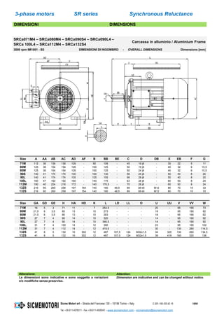 3-phase motors SR series Synchronous Reluctance
Sicme Motori srl – Strada del Francese 130 – 10156 Torino – Italy C-SR--180-355-IE-16 18/60
Tel. +39-011-4076311 - Fax +39-011-4500047 – www.sicmemotori.com – sicmemotori@sicmemotori.com
DIMENSIONI DIMENSIONS
SRCa071M4 – SRCa080M4 – SRCa090S4 – SRCa090L4 –
SRCa 100L4 – SRCa112M4 – SRCa132S4
Carcassa in alluminio / Aluminium Frame
3000 rpm IM1001 - B3 DIMENSIONI DI INGOMBRO - OVERALL DIMENSIONS Dimensions [mm]
Size A AA AB AC AD AF B BB BE C D DB E EB F G
71M 112 36 136 136 126 - 90 108 - 45 19 j6 - 30 22 5 11
80M 125 36 154 154 126 - 100 125 - 50 19 j6 - 40 32 6 15,5
80M 125 36 154 154 126 - 100 125 - 50 24 j6 - 40 32 6 15,5
90S 140 41 174 174 130 - 100 130 - 56 24 j6 - 50 40 8 20
90L 140 41 174 174 130 - 125 155 - 56 28 j6 - 50 40 8 20
100L 160 47 192 192 160 - 140 175 - 63 28 j6 - 60 50 8 24
112M 190 40 224 216 172 - 140 176,5 - 70 28 j6 - 60 50 8 24
132S 216 60 260 258 197 154 140 180 48,5 89 38 k6 M12 80 70 10 33
132S 216 60 260 258 197 154 140 180 48,5 89 38 k6 M12 80 70 10 33
Size GA GD GE H HA HD K L LD LL O U UU V VV W
71M 16 5 3 71 11 - 7 254,5 - - - 20 - 95 190 73
80M 21,5 6 3,5 80 13 - 10 273 - - - 18 - 95 190 82
80M 21,5 6 3,5 80 13 - 10 283 - - - 18 - 95 190 82
90S 27 7 4 90 14 - 10 320 - - - 14 - 95 190 92
90L 27 7 4 90 14 - 10 366,5 - - - 14 - 95 190 92
100L 31 7 4 100 14 - 12 390 - - - 23 - 95 190 102
112M 31 7 4 112 14 - 12 419,5 - - - 30 - 130 260 114,5
132S 41 8 5 132 16 302 12 487 107,5 124 M32x1,5 34 325 130 260 134,5
132S 41 8 5 132 16 302 12 487 107,5 124 M32x1,5 39 418 160 320 136
Attenzione: Attention:
Le dimensioni sono indicative e sono soggette a variazioni
e/o modifiche senza preavviso.
Dimension are indicative and can be changed without notice.
 