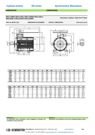 3-phase motors SR series Synchronous Reluctance
Sicme Motori srl – Strada del Francese 130 – 10156 Torino – Italy C-SR--180-355-IE-16 20/60
Tel. +39-011-4076311 - Fax +39-011-4500047 – www.sicmemotori.com – sicmemotori@sicmemotori.com
DIMENSIONI DIMENSIONS
SRCa160M4 SRCa160L4 SRCa180M4 SRCa180L4
SRCa200L4 SRCa225S4 SRCa225M4
Carcassa in ghisa / Cast iron Frame
1500 rpm IM1001 (B3) DIMENSIONI DI INGOMBRO - OVERALL DIMENSIONS Dimensions [mm]
Size A AA AB AC AD AF B BB BE C D DB E EB F G
160M 254 71,5 318 310 230 180 210 260 80 108 42 k6 M16 110 90 12 37
160L 254 71,5 318 310 230 180 254 304 80 108 42 k6 M16 110 90 12 37
180M 279 85 360 348 252 210 241 291 80 121 48 k6 M16 110 100 14 42,5
180L 279 85 360 348 252 210 279 329 80 121 48 k6 M16 110 100 14 42,5
200L 318 85,5 394 385 303 238 305 365 90 133 55 m6 M20 110 100 16 49
225S 356 92 436 433 323 263 286 346 90 149 60 m6 M20 140 125 18 53
225M 356 92 436 433 323 263 311 371 90 149 60 m6 M20 140 125 18 53
Size GA GD GE H HA HD K L LD LL O U UU V VV W
160M 45 8 5 160 22 390 14,5 588 213 169 M32x1,5 52,5 418 160 320 243
160L 45 8 5 160 22 390 14,5 632 235 169 M32x1,5 75 418 160 320 243
180M 51,5 9 5,5 180 23 440 14,5 745 241,5 169 M32x1,5 43 418 160 320 271,5
180L 51,5 9 5,5 180 23 440 14,5 773 260,5 169 M40x1,5 59 600 233 466 296,5
200L 59 10 6 200 23 503 18,5 846 285,5 224 M50x1,5 24 600 233 466 311,5
225S 64 11 7 225 30 553 18,5 887 292 224 M50x1,5 14 600 233 466 337,5
225M 64 11 7 225 30 553 18,5 912 304,5 224 M50x1,5 26,5 600 233 466 337,5
Attenzione: Attention:
Le dimensioni sono indicative e sono soggette a variazioni e/o
modifiche senza preavviso.
Dimension are indicative and can be changed without notice.
 