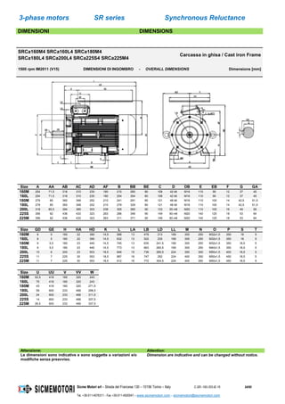3-phase motors SR series Synchronous Reluctance
Sicme Motori srl – Strada del Francese 130 – 10156 Torino – Italy C-SR--180-355-IE-16 24/60
Tel. +39-011-4076311 - Fax +39-011-4500047 – www.sicmemotori.com – sicmemotori@sicmemotori.com
DIMENSIONI DIMENSIONS
SRCa160M4 SRCa160L4 SRCa180M4
SRCa180L4 SRCa200L4 SRCa225S4 SRCa225M4
Carcassa in ghisa / Cast iron Frame
1500 rpm IM2011 (V15) DIMENSIONI DI INGOMBRO - OVERALL DIMENSIONS Dimensions [mm]
Size A AA AB AC AD AF B BB BE C D DB E EB F G GA
160M 254 71,5 318 310 230 180 210 260 80 108 42 k6 M16 110 90 12 37 45
160L 254 71,5 318 310 230 180 254 304 80 108 42 k6 M16 110 90 12 37 45
180M 279 85 360 348 252 210 241 291 80 121 48 k6 M16 110 100 14 42,5 51,5
180L 279 85 360 348 252 210 279 329 80 121 48 k6 M16 110 100 14 42,5 51,5
200L 318 85,5 394 385 303 238 305 365 90 133 55 m6 M20 110 100 16 49 59
225S 356 92 436 433 323 263 286 346 90 149 60 m6 M20 140 125 18 53 64
225M 356 92 436 433 323 263 311 371 90 149 60 m6 M20 140 125 18 53 64
Size GD GE H HA HD K L LA LB LD LL M N O P S T
160M 8 5 160 22 390 14,5 588 13 478 213 169 300 250 M32x1,5 350 18 5
160L 8 5 160 22 390 14,5 632 13 522 235 169 300 250 M32x1,5 350 18 5
180M 9 5,5 180 23 440 14,5 745 13 635 241,5 169 300 250 M32x1,5 350 18,5 5
180L 9 5,5 180 23 440 14,5 773 13 663 260,5 169 300 250 M40x1,5 350 18,5 5
200L 10 6 200 23 503 18,5 846 15 736 285,5 224 350 300 M50x1,5 400 18,5 5
225S 11 7 225 30 553 18,5 887 16 747 292 224 400 350 M50x1,5 450 18,5 5
225M 11 7 225 30 553 18,5 912 16 772 304,5 224 400 350 M50x1,5 450 18,5 5
Size U UU V VV W
160M 52,5 418 160 320 243
160L 75 418 160 320 243
180M 43 418 160 320 271,5
180L 59 600 233 466 296,5
200L 24 600 233 466 311,5
225S 14 600 233 466 337,5
225M 26,5 600 233 466 337,5
Attenzione: Attention:
Le dimensioni sono indicative e sono soggette a variazioni e/o
modifiche senza preavviso.
Dimension are indicative and can be changed without notice.
 