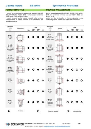 3-phase motors SR series Synchronous Reluctance
Sicme Motori srl – Strada del Francese 130 – 10156 Torino – Italy C-SR--180-355-IE-16 33/60
Tel. +39-011-4076311 - Fax +39-011-4500047 – www.sicmemotori.com – sicmemotori@sicmemotori.com
FORME COSTRUTTIVE MOUNTING ARRANGEMENTS
I motori sono disponibili in esecuzione standard IM1001
(B3), IM3001 (B5), IM3601 (B14) e nelle versioni combinate
come IM2001 (B35) e IM2101 (B34).
I motori possono anche essere installati nella versione
corrispondente ad albero verticale. Si fa riferimento alla
tabella sottostante:
Motors are available as IM1001 (B3), IM3001 (B5), IM3601
(B14) and combined versions such as IM2001 (B35) and
IM2101 (B34).
Motors can also be installed in the corresponding vertical
shaft configuration. Please refer to the table here below.
Mounting
code
Horizontal
Size
Mounting
code
Vertical
Size
I - II
71
132
160 -
225
280 -
315
355 I - II
71
132
160 -
225
280 -
315
355
IM B3 -
IM 1001
Feet
IM V1 -
IM 3011
Flange with
through holes.
IM B35 -
IM 2001
Feet + flange
with through
holes.
IM V15 -
IM 2011
Feet + flange
with through
holes.
IM B34 -
IM 2101
Feet + flange
with threaded
holes.
IM V3 -
IM 3031
Flange with
through holes.
IM B5 -
IM 3001
Flange with
through holes.
IM V36 -
IM 2031
Feet + flange
with through
holes.
IM B6 -
IM 1051
Feet.
IM V5 -
IM 1011
Feet.
IM B7 -
IM 1061
Feet.
IM V6 -
IM 1031
Feet.
IM B8 -
IM 1071
Feet.
IM V18 -
IM 3611
Flange with
threaded
holes.
Available Option on request Not Applicable
 