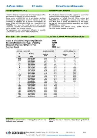 3-phase motors SR series Synchronous Reluctance
Sicme Motori srl – Strada del Francese 130 – 10156 Torino – Italy C-SR--180-355-IE-16 34/60
Tel. +39-011-4076311 - Fax +39-011-4500047 – www.sicmemotori.com – sicmemotori@sicmemotori.com
Inverter per motori SRCa Inverter for SRCa motors
I motori a riluttanza necessitano di alimentazione da inverter;
e richiedono un algoritmo di controllo dedicato.
Sicme motori e REEL/KSB, forti di una lunga e proficua
collaborazione, propongono soluzioni idonee a questa
tecnologia. Si presenta qui di seguito l'abbinamento dei
motori SICME MOTORI serie SRCa con i drive REEL/KSB
(KSB202), che sono tra quelli presenti sul mercato
certamente il prodotto con un'esperienza più consolidata e di
cui SICME MOTORI consiglia l'utilizzo.
Per applicazioni con azionamenti differenti, é possibile
usufruire del supporto tecnico di SICME MOTORI.
The reluctance motors have to be supplied by a converter
(inverter) and require a specific control software.
A combination of SICME MOTORI SRCa motors and
REEL/KSB drive (KSB202) is reported here below. The
REEL/KSB drive is, among the ones today on the market,
the one with the most consolidated experience and SICME
MOTORI advices its use.
For applications with different drives, SICME MOTORI
Technical Dept is available for support.
DATI ELETTRICI E PRESTAZIONI ELECTRICAL DATA AND PERFORMANCES
Grado di protezione / Degree of protection IP55
Tipo di raffreddamento / Type of cooling IC411
Classe di efficienza / Efficiency rate IE4
Nominal Speed 3000 rpm
MOTORE - INVERTER WALL-MOUNTED MOTOR-MOUNTED
Pn Motore TAGLIA
SIZE
In TAGLIA
SIZE
In
kW Motor A A
0,55 SRCa071M4 PK55 1,8 A 1,8
0,75 SRCa080M4 PK75 2,4 A 2,5
1,1 SRCa080M4 P1K1 3,0 A 3,5
1,5 SRCa090S4 P1K5 4,1 A 4,8
2,2 SRCa090L4 P2K2 5,6 A 6,0
3 SRCa100L4 P4K0 10,0 A 8,0
4 SRCa112M4 P4K0 10,0 B 10,0
5,5 SRCa132S4 P5K5 13,0 B 13,0
7,5 SRCa132S4 P11K 24,0 B 18,0
11 SRCa160M4 P11K 24,0 C 25,0
15 SRCa160M4 P15K 32,0 C 39,0
18,5 SRCa160L4 P22K 44,0 C 39,0
22 SRCa180M4 P30K 61,0 D 65,0
30 SRCa200L4 P30K 61,0 D 65,0
37 SRCa200L4 P45K 90,0 D 80,0
45 SRCa225M4 P55K 106 D 108,0
75 SRCa280Sa4 P90K 177,0 - -
90 SRCa280Sb4 N110 212,0 - -
110 SRCa280M4 N132 260,0 - -
132 SRCa315S4 N160 315,0 - -
160 SRCa315M4 N160 315,0 - -
180 SRCa315La4 N200 395,0 - -
200 SRCa315Lb4 N200 395,0 - -
250 SRCa355M4 N315 600,0 - -
315 SRCa355L4 P355 658,0 - -
450 SRCa355X4 P560 990,0 - -
Attenzione: Attention:
Le prestazioni sono indicative e sono soggette a variazioni e/o
modifiche senza preavviso.
Technical features are indicative and can be changed without
notice.
 