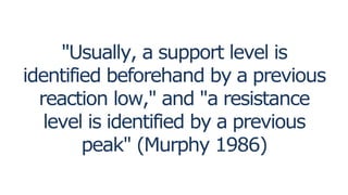 "Usually, a support level is
identified beforehand by a previous
reaction low," and "a resistance
level is identified by a previous
peak" (Murphy 1986)
 