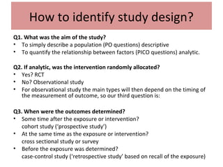 How to identify study design?
Q1. What was the aim of the study?
• To simply describe a population (PO questions) descriptive
• To quantify the relationship between factors (PICO questions) analytic.
Q2. If analytic, was the intervention randomly allocated?
• Yes? RCT
• No? Observational study
• For observational study the main types will then depend on the timing of
the measurement of outcome, so our third question is:
Q3. When were the outcomes determined?
• Some time after the exposure or intervention?
cohort study (‘prospective study’)
• At the same time as the exposure or intervention?
cross sectional study or survey
• Before the exposure was determined?
case-control study (‘retrospective study’ based on recall of the exposure)
 