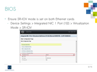 6/16
BIOS
• Ensure SR-IOV mode is set on both Ethernet cards
- Device Settings > Integrated NIC 1 Port {1|2} > Virtualization
Mode > SR-IOV
 