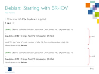 8/20
Debian: Starting with SR-IOV
Host machine
• Check for SR-IOV hardware support:
# lspci -v
…
04:00.0 Ethernet controller: Emulex Corporation OneConnect NIC (Skyhawk) (rev 10)
...
Capabilities: [180 v1] Single Root I/O Virtualization (SR-IOV)
...
Initial VFs: 64, Total VFs: 64, Number of VFs: 64, Function Dependency Link: 00
Kernel driver in use: be2net
04:00.1 Ethernet controller: Emulex Corporation OneConnect NIC (Skyhawk) (rev 10)
...
Capabilities: [180 v1] Single Root I/O Virtualization (SR-IOV)
Kernel driver in use: be2net
eth2
eth3
 