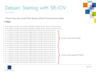 10/19
Debian: Starting with SR-IOV
Host machine
• Check for SR-IOV hardware support on NICs:
# lspci -v
…
42:00.0 Ethernet controller: Intel Corporation Ethernet 10G 2P X520 Adapter (rev 01)
Subsystem: Intel Corporation 10GbE 2P X520 Adapter
...
Capabilities: [160] Single Root I/O Virtualization (SR-IOV)
Kernel driver in use: ixgbe
42:00.1 Ethernet controller: Intel Corporation Ethernet 10G 2P X520 Adapter (rev 01)
Subsystem: Intel Corporation 10GbE 2P X520 Adapter
...
Capabilities: [160] Single Root I/O Virtualization (SR-IOV)
Kernel driver in use: ixgbe
eth0
eth1
 