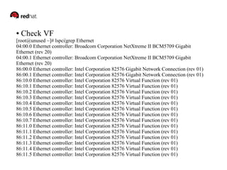 ● Check VF 
[root@unused ~]# lspci|grep Ethernet 
04:00.0 Ethernet controller: Broadcom Corporation NetXtreme II BCM5709 Gigabit 
Ethernet (rev 20) 
04:00.1 Ethernet controller: Broadcom Corporation NetXtreme II BCM5709 Gigabit 
Ethernet (rev 20) 
86:00.0 Ethernet controller: Intel Corporation 82576 Gigabit Network Connection (rev 01) 
86:00.1 Ethernet controller: Intel Corporation 82576 Gigabit Network Connection (rev 01) 
86:10.0 Ethernet controller: Intel Corporation 82576 Virtual Function (rev 01) 
86:10.1 Ethernet controller: Intel Corporation 82576 Virtual Function (rev 01) 
86:10.2 Ethernet controller: Intel Corporation 82576 Virtual Function (rev 01) 
86:10.3 Ethernet controller: Intel Corporation 82576 Virtual Function (rev 01) 
86:10.4 Ethernet controller: Intel Corporation 82576 Virtual Function (rev 01) 
86:10.5 Ethernet controller: Intel Corporation 82576 Virtual Function (rev 01) 
86:10.6 Ethernet controller: Intel Corporation 82576 Virtual Function (rev 01) 
86:10.7 Ethernet controller: Intel Corporation 82576 Virtual Function (rev 01) 
86:11.0 Ethernet controller: Intel Corporation 82576 Virtual Function (rev 01) 
86:11.1 Ethernet controller: Intel Corporation 82576 Virtual Function (rev 01) 
86:11.2 Ethernet controller: Intel Corporation 82576 Virtual Function (rev 01) 
86:11.3 Ethernet controller: Intel Corporation 82576 Virtual Function (rev 01) 
86:11.4 Ethernet controller: Intel Corporation 82576 Virtual Function (rev 01) 
86:11.5 Ethernet controller: Intel Corporation 82576 Virtual Function (rev 01) 
 