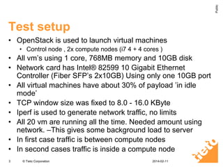 Public

Test setup
• OpenStack is used to launch virtual machines
• Control node , 2x compute nodes (i7 4 + 4 cores )

• All vm’s using 1 core, 768MB memory and 10GB disk
• Network card has Intel® 82599 10 Gigabit Ethernet
Controller (Fiber SFP’s 2x10GB) Using only one 10GB port
• All virtual machines have about 30% of payload ’in idle
mode’
• TCP window size was fixed to 8.0 - 16.0 KByte
• Iperf is used to generate network traffic, no limits
• All 20 vm are running all the time. Needed amount using
network. –This gives some background load to server
• In first case traffic is between compute nodes
• In second cases traffic is inside a compute node
3

© Tieto Corporation

2014-02-11

 