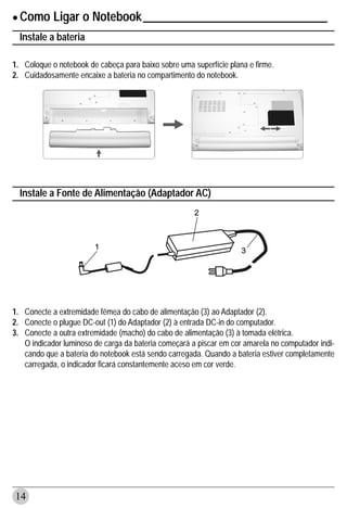 • Como Ligar o Notebook_______________________________
  Instale a bateria

1. Coloque o notebook de cabeça para baixo sobre uma superfície plana e firme.
2. Cuidadosamente encaixe a bateria no compartimento do notebook.




  Instale a Fonte de Alimentação (Adaptador AC)




1. Conecte a extremidade fêmea do cabo de alimentação (3) ao Adaptador (2).
2. Conecte o plugue DC-out (1) do Adaptador (2) à entrada DC-in do computador.
3. Conecte a outra extremidade (macho) do cabo de alimentação (3) à tomada elétrica.
   O indicador luminoso de carga da bateria começará a piscar em cor amarela no computador indi-
   cando que a bateria do notebook está sendo carregada. Quando a bateria estiver completamente
   carregada, o indicador ficará constantemente aceso em cor verde.




14
 