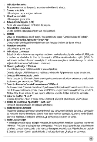 1. Indicador da câmera
    Fica aceso em cor verde quando a câmera embutida está ativada.
2. Câmera embutida
    Utilizada para captar imagens externas.
3. Microfone embutido
    Utilizado para gravar som.
4. Tela de Cristal Líquido (LCD)
    Nesta tela são exibidos os conteúdos do sistema.
5. Alto-falantes Embutidos
    Os alto-falantes embutidos emitem som estereofônico.
6. Teclado
    Utiliza-se o teclado para inserir dados. Veja detalhes na seção “Características do Teclado”.
7. Base do Dispositivo Apontador “Touch Pad”
    O touch pad é um dispositivo embutido que tem funções similares às de um mouse.
8. Microfone embutido
    Utilizado para gravar som.
9. Indicadores Luminosos
    Estes indicadores informam as seguintes condições: modo silencioso ligado, módulo WLAN ligado
    e também as atividades do drive de disco óptico (ODD) e do drive de disco rígido (HDD). Os
    indicadores também informam a condição do sistema de energia e o estado da carga da bateria.
    Veja detalhes na seção “Indicadores Luminosos”.
10. Chave Liga/Desliga o Wireless
    Use esta chave para habilitar ou inibir a função Wireless.
    Quando a função LAN Wireless está habilitada, o indicador         permanece aceso em cor azul.
11. Conector Microfone/Audio Line-in
    Neste conector de 3,5mm de diâmetro você pode conectar um microfone externo ou uma fonte de
    áudio como, por exemplo, um CD Player.
12. Conector Fones-de-Ouvido Estereofônicos/SPDIF-out
    Neste conector de 3,5mm de diâmetro você pode conectar fones-de-ouvido ou caixas acústicas exter-
    nas. Este conector também permite enviar sinal SPDIF a um processador/decodificador de som DTS,
    AC3 ou PCM de um sistema de som externo, utilizando um cabo de fibra óptica (não fornecido).
13. Leitor de Cartões “4 em 1”
    O Leitor de Cartões “4 em 1” aceita cartões SD Card, MS Card, MMC Card e MS-Pro Card.
14. Teclas do Dispositivo Apontador “Touch Pad”
    Possuem funções similares às teclas de um mouse.
15. Tecla do Modo Silencioso
    Pressionar esta tecla permite ao sistema diminuir seu consumo de energia; portanto, a velocidade
    do ventilador interno diminui para gerar o mais baixo ruído de operação. Quando o modo “Silenci-
    oso” está habilitado, o indicador luminoso       permanece aceso em cor verde.
16. Tecla Ligar/Desligar
    A tecla Ligar/Desligar liga ou desliga o Notebook, ou aciona um dos modos de suspensão “Dormir” ou
    “Hibernar”. Pressione a tecla para ligar o computador. Pressione a tecla para desligar o Notebook ou
    para fazer com que o computador entre no modo de suspensão selecionado. Veja detalhes no capítulo
    3. Quando o modo “Dormir” está habilitado, o indicador luminoso         pisca em cor verde.

                                                                                                    9
 