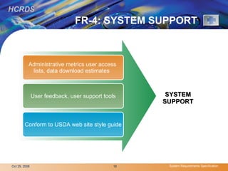 FR-4: SYSTEM SUPPORT Administrative metrics user access  lists, data download estimates  User feedback, user support tools Conform to USDA web site style guide SYSTEM SUPPORT 