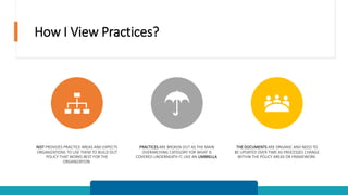 How I View Practices?
NIST PROVIDES PRACTICE AREAS AND EXPECTS
ORGANIZATIONS TO USE THEM TO BUILD OUT
POLICY THAT WORKS BEST FOR THE
ORGANIZATION.
PRACTICES ARE BROKEN OUT AS THE MAIN
OVERARCHING CATEGORY FOR WHAT IS
COVERED UNDERNEATH IT, LIKE AN UMBRELLA.
THE DOCUMENTS ARE ORGANIC AND NEED TO
BE UPDATED OVER TIME AS PROCESSES CHANGE
WITHIN THE POLICY AREAS OR FRAMEWORK.
 