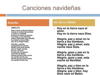          Canciones navideñasARBOLITOEsta noche es Noche Buenavamos al monte hermanitosa cortar un arbolitoporque la noche es serena.Los reyes y los pastoresandan siguiendo una estrella,le cantan a Jesús Niño,hijo de la Virgen bella.Arbolito, arbolito,campanitas te pondré.Quiero que seas bonitoque al recién nacidote voy a ofrecer.Iremos por el camino,caminito de Belén.Iremos porque esta noche ha nacido el niño reyIremos porque esta noche ha nacido el niño reyHoy en la tierra nace el amor.Hoy en la tierra nace Dios.Alegría, paz y amor en la tierra a los hombres. Alegría, paz y amor, esta noche nace Dios.Alegría, gozo y paz en la tierra a los hombres. Alegría, gozo y paz, esta noche es Navidad.Alegría, paz y bien en la tierra a los hombres. Alegría, paz y bien, hoy Dios nace en Belén.ArbolitoHOY EN LA TIERRA