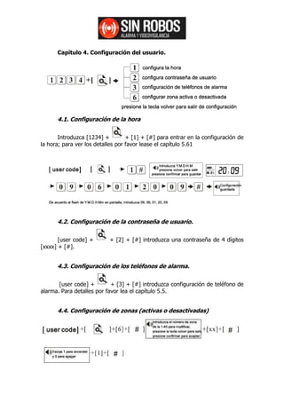 Capítulo 4. Configuración del usuario.
4.1. Configuración de la hora
Introduzca [1234] + + [1] + [#] para entrar en la configuración de
la hora; para ver los detalles por favor lease el capítulo 5.61
4.2. Configuración de la contraseña de usuario.
[user code] + + [2] + [#] introduzca una contraseña de 4 dígitos
[xxxx] + [#].
4.3. Configuración de los teléfonos de alarma.
[user code] + + [3] + [#] introduzca configuración de teléfono de
alarma. Para detalles por favor lea el capítulo 5.5.
4.4. Configuración de zonas (activas o desactivadas)
 
