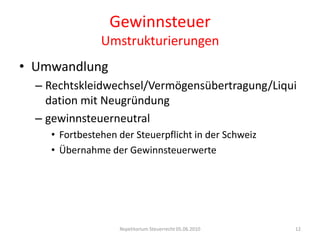 GewinnsteuerSteuerobjektReingewinn (DBG 57/StHG 24 I)Massgeblichkeitsprinzip (DBG 58 I/StHG 24 I)handelsrechtskonformer Jahresabschluss (a)Vorbehalt steuerlicher Korrekturvorschriften (b)Repetitorium Steuerrecht 05.06.20107VerkehrswertprinzipAktive: Tiefstwerte Passive: HöchstwerteSteuerrechtHandelsrecht