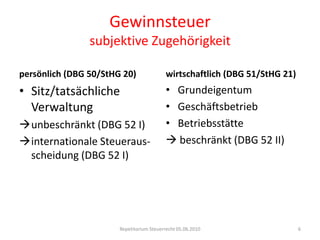 Gewinnsteuersubjektive ZugehörigkeitRepetitorium Steuerrecht 05.06.20106persönlich (DBG 50/StHG 20)wirtschaftlich (DBG 51/StHG 21)Sitz/tatsächliche Verwaltung