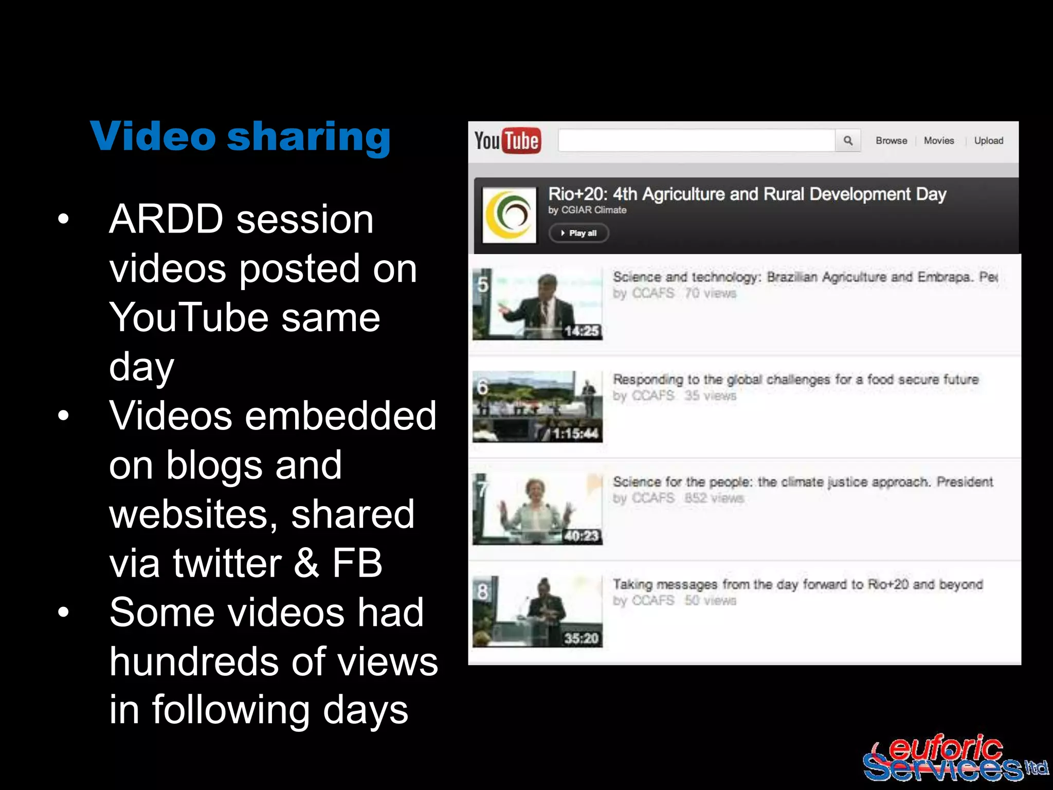Video sharing

• ARDD session
  videos posted on
  YouTube same
  day
• Videos embedded
  on blogs and
  websites, shared
  via twitter & FB
• Some videos had
  hundreds of views
  in following days
 