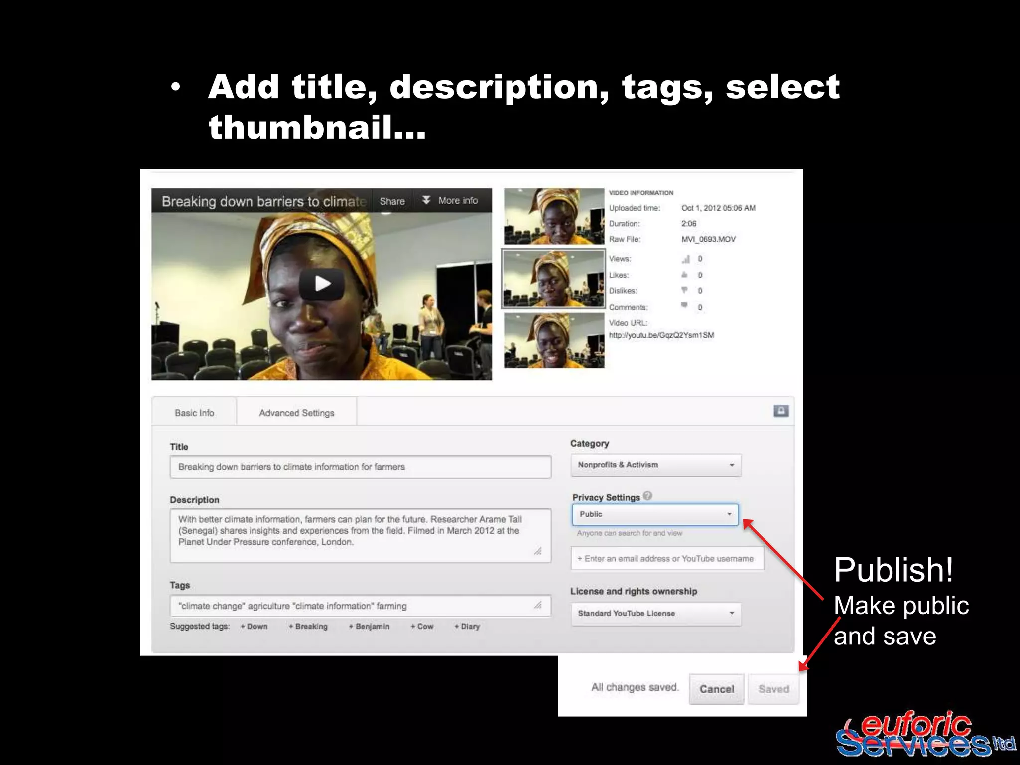 • Add title, description, tags, select
  thumbnail…




                                     Publish!
                                     Make public
                                     and save
 