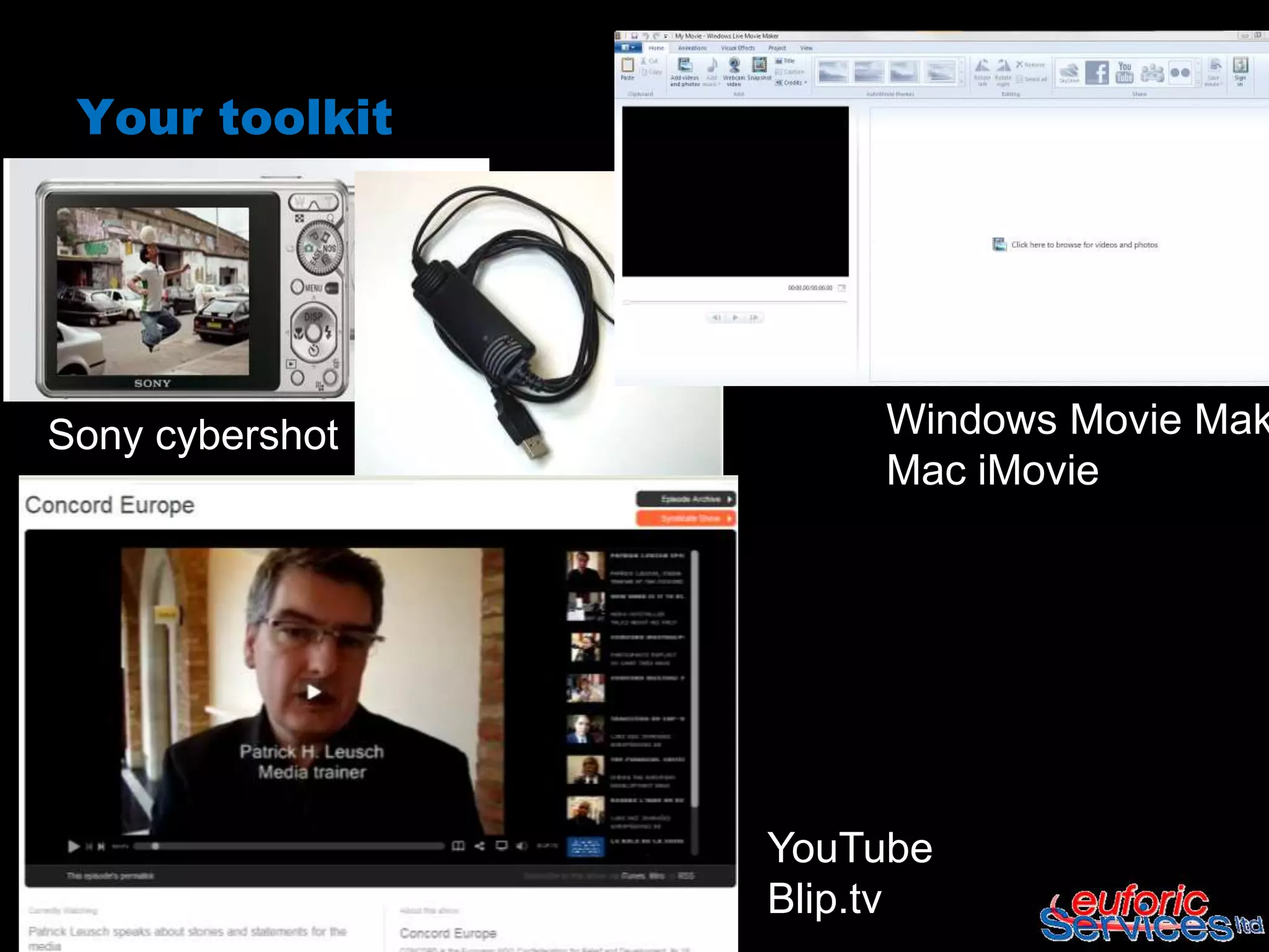 Your toolkit




Sony cybershot        Windows Movie Mak
                      Mac iMovie




                 YouTube
                 Blip.tv
 
