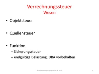 VerrechnungssteuerWesenObjektsteuerQuellensteuerFunktionSicherungssteuerendgültige Belastung, DBA vorbehaltenRepetitorium Steuerrecht 05.06.20103