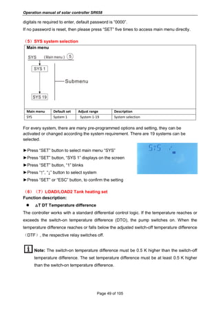 Operation manual of solar controller SR658
Page 49 of 105
digitals re required to enter, default password is “0000”.
If no password is reset, then please press “SET” five times to access main menu directly.
（5）SYS system selection
Main menu
Main menu Default set Adjust range Description
SYS System 1 System 1-19 System selection
For every system, there are many pre-programmed options and setting, they can be
activated or changed according the system requirement. There are 19 systems can be
selected.
►Press “SET” button to select main menu “SYS”
►Press “SET” button, “SYS 1” displays on the screen
►Press “SET” button, “1” blinks
►Press “↑”, “↓” button to select system
►Press “SET” or “ESC” button, to confirm the setting
（6）（7）LOAD/LOAD2 Tank heating set
Function description:
 △T DT Temperature difference
The controller works with a standard differential control logic. If the temperature reaches or
exceeds the switch-on temperature difference (DTO), the pump switches on. When the
temperature difference reaches or falls below the adjusted switch-off temperature difference
（DTF）, the respective relay switches off.
Note: The switch-on temperature difference must be 0.5 K higher than the switch-off
temperature difference. The set temperature difference must be at least 0.5 K higher
than the switch-on temperature difference.
 