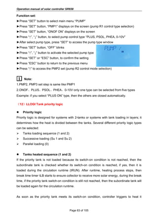 Operation manual of solar controller SR658
Page 63 of 105
Function set:
►Press “SET” button to select main menu “PUMP”
►Press “SET” button, “PMP1” displays on the screen (pump R1 control type selection)
►Press “SET” button, “ONOF ON” displays on the screen
►Press “↑”, “↓” button, to select pump control type “PLUS, PSOL, PHEA, 0-10V”
►After select pump type, press “SET” to access the pump type window
►Press “SET” button, “OFF” blinks
►Press “↑”, “↓” button to activate the selected pump type
►Press “SET” or “ESC” button, to confirm the setting
►Press “ESC” button to return to the previous menu
►Press “↑” to access the PMP2 set (pump R2 control mode selection)
Note:
1.PMP2, PMP3 set step is same like PMP1
2.ONOF、PLUS、PSOL、PHEA、0-10V only one type can be selected from five types
Example: if you select “PLUS ON” type, then the others are closed automatically.
（12）LLOGI Tank priority logic
 Priority logic
Priority logic is designed for systems with 2-tanks or systems with tank loading in layers; it
determines how the heat is divided between the tanks. Several different priority logic types
can be selected:
 Tanks loading sequence (1 and 2)
 Successive loading (Su 1 and Su 2)
 Parallel loading (0)
 Tanks heated sequence (1 and 2)
If the priority tank is not loaded because its switch-on condition is not reached, then the
subordinate tank is checked whether its switch-on condition is reached, if yes, then it is
loaded during the circulation runtime (tRUN). After runtime, heating process stops, then
break time timer tLB starts to ensure collector to receive more solar energy, during the break
time, if the priority tank switch-on condition is still not reached, then the subordinate tank will
be loaded again for the circulation runtime.
As soon as the priority tank meets its switch-on condition, controller triggers to heat it
 