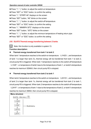 Operation manual of solar controller SR658
Page 74 of 105
►Press “↑”, “↓” button, to adjust the switch-on temperature
►Press “SET” or “ESC” button, to confirm the setting
►Press “↑”, “DTRPF 4K” displays on the screen
►Press “SET” button, “4K” blinks on the screen
►Press “↑”, “↓” button, to adjust the switch-off temperature
►Press “SET” or “ESC” button, to confirm the setting
►Press “↑”, “MINRPH 30
o
C” displays on the screen
►Press “SET” button, “30
o
C” blinks on the screen
►Press “↑”, “↓” button, to adjust the minimum temperature of heating return pipe
►Press “SET” or “ESC” button, to confirm the setting
(16）DLHTX Thermal energy transferring between 2 tanks
Note: this function is only available in system 13.
Function description:
 Thermal energy transferred from tank 1 to tank 2
When tank 1 temperature reaches to the switch-on temperature （L1H2O）, and temperature
of tank 1 is larger than tank 2’s, thermal energy will be transferred from tank 1 to tank 2,
circuit pump R2 is triggered. When tank 1 temperature reaches to the switch-off temperature
（L1H2F）or temperature of tank2 rises to the temperature of tank 1, or tank2’s temperature
reaches its maximum S2MAX, then circuit pump R2 is stopped.
 Thermal energy transferred from tank 2 to tank 1
When tank 2 temperature reaches to the switch-on temperature （L2H1O）, and temperature
of tank 2 is larger than tank 1’s, thermal energy will be transferred from tank 2 to tank 1,
circuit pump R3 is triggered. When tank 2 temperature reaches to the switch-off temperature
（L2H1F）or temperature of tank 1 rises to the temperature of tank 2, or tank1’s temperature
reaches its maximum SMAX, then circuit pump R3 is stopped.
Menu structure
 
