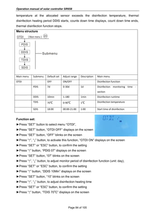 Operation manual of solar controller SR658
Page 84 of 105
temperature at the allocated sensor exceeds the disinfection temperature, thermal
disinfection heating period DDIS starts, counts down time displays, count down time ends,
thermal disinfection function stops.
Menu structure
Main menu Submenu Default set Adjust range Description Main menu
OTDI OFF ON/OFF Disinfection function
PDIS 7d 0-30d 1d Disinfection monitoring time -
section
DDIS 10min 1-180 1min Disinfection runtime
TDIS 70℃ 0-90℃ 1℃ Disinfection temperature
SDIS 18:00 00:00-21:00 1:00 Start time of disinfection
Function set:
►Press “SET” button to select menu “OTDI”,
►Press “SET” button, “OTDI OFF” displays on the screen
►Press “SET” button, “OFF” blinks on the screen
►Press “↑”, “↓” button, to activate this function, “OTDI ON” displays on the screen
►Press “SET” or “ESC” button, to confirm the setting
►Press “↑” button, “PDIS 07” displays on the screen
►Press “SET” button, “07” blinks on the screen
►Press “↑”, “↓” button, to adjust monitor period of disinfection function (unit: day),
►Press “SET” or “ESC” button, to confirm the setting
►Press “↑” button, “DDIS 10Min” displays on the screen
►Press “SET” button, “10” blinks on the screen
►Press “↑”, “↓” button, to adjust disinfection heating time
►Press “SET” or “ESC” button, to confirm the setting
►Press “↑” button, “TDIS 70
o
C” displays on the screen
 