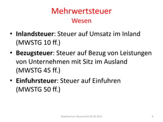 MehrwertsteuerWesenInlandsteuer: Steuer auf Umsatz im Inland (MWSTG 10 ff.)Bezugsteuer: Steuer auf Bezug von Leistungen von Unternehmen mit Sitz im Ausland (MWSTG 45 ff.)Einfuhrsteuer: Steuer auf Einfuhren (MWSTG 50 ff.)Repetitorium Steuerrecht 05.06.20108