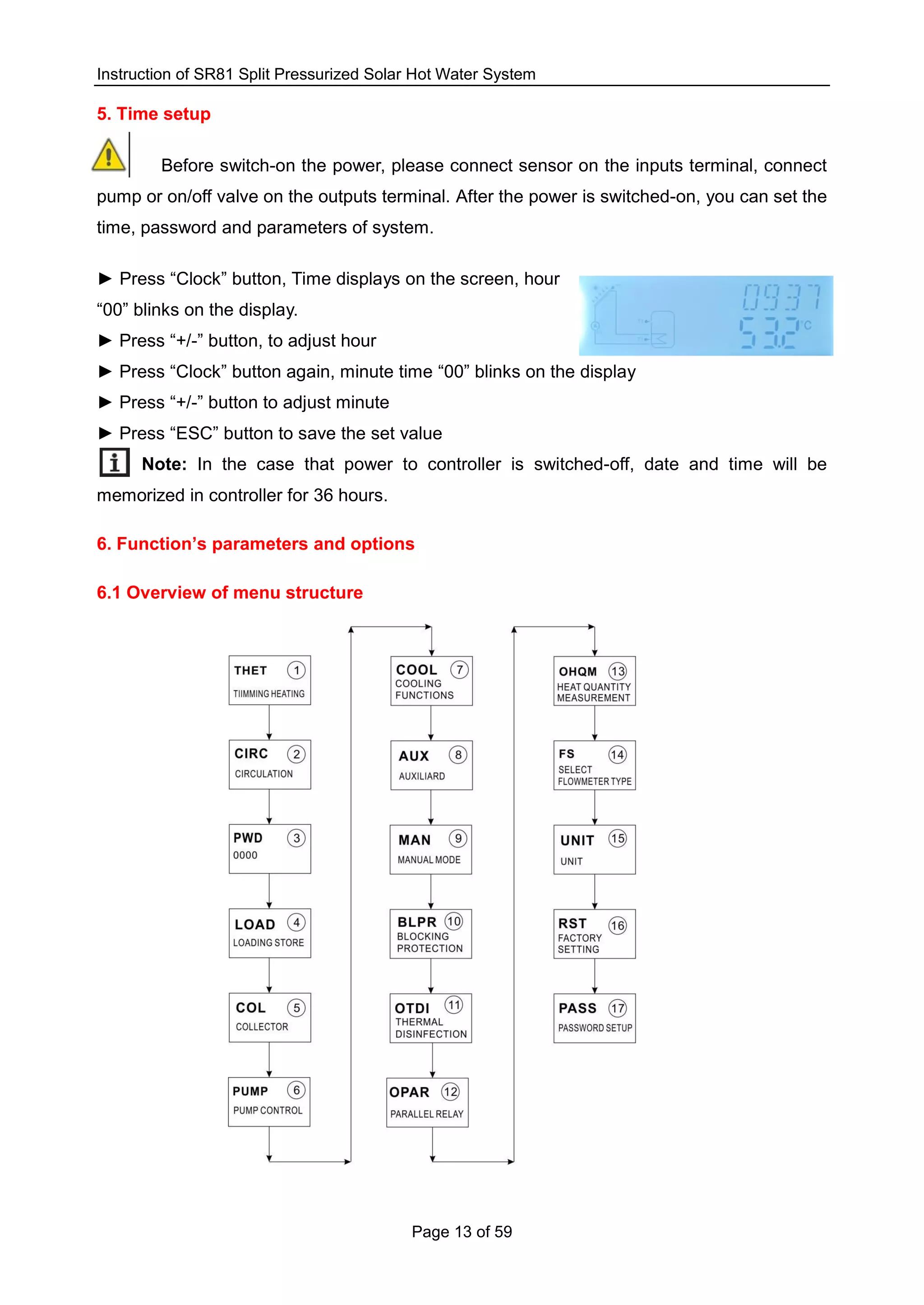 Instruction of SR81 Split Pressurized Solar Hot Water System
Page 13 of 59
5. Time setup
Before switch-on the power, please connect sensor on the inputs terminal, connect
pump or on/off valve on the outputs terminal. After the power is switched-on, you can set the
time, password and parameters of system.
► Press “Clock” button, Time displays on the screen, hour
“00” blinks on the display.
► Press “+/-” button, to adjust hour
► Press “Clock” button again, minute time “00” blinks on the display
► Press “+/-” button to adjust minute
► Press “ESC” button to save the set value
Note: In the case that power to controller is switched-off, date and time will be
memorized in controller for 36 hours.
6. Function’s parameters and options
6.1 Overview of menu structure
 
