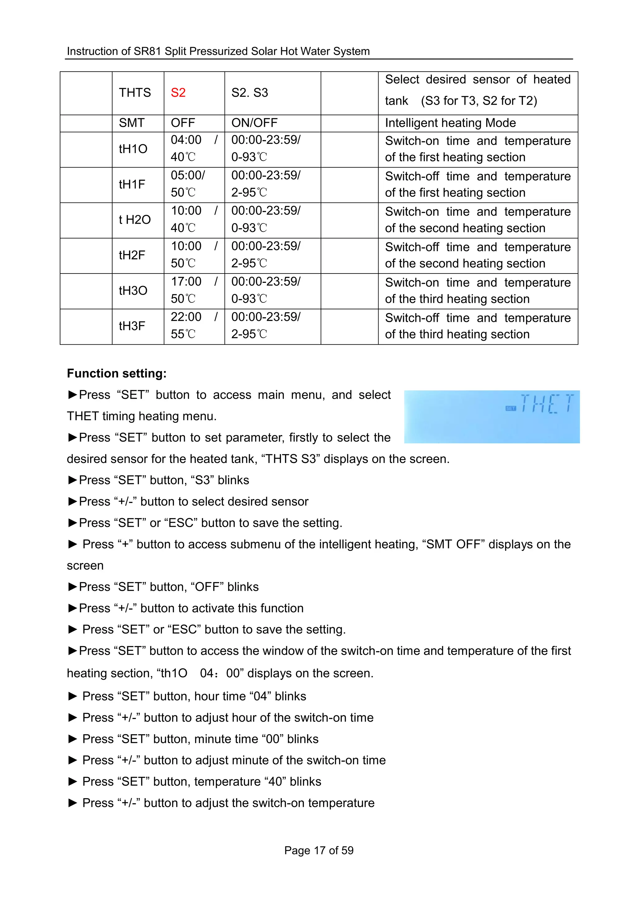 Instruction of SR81 Split Pressurized Solar Hot Water System
Page 17 of 59
THTS S2 S2. S3
Select desired sensor of heated
tank (S3 for T3, S2 for T2)
SMT OFF ON/OFF Intelligent heating Mode
tH1O
04:00 /
40℃
00:00-23:59/
0-93℃
Switch-on time and temperature
of the first heating section
tH1F
05:00/
50℃
00:00-23:59/
2-95℃
Switch-off time and temperature
of the first heating section
t H2O
10:00 /
40℃
00:00-23:59/
0-93℃
Switch-on time and temperature
of the second heating section
tH2F
10:00 /
50℃
00:00-23:59/
2-95℃
Switch-off time and temperature
of the second heating section
tH3O
17:00 /
50℃
00:00-23:59/
0-93℃
Switch-on time and temperature
of the third heating section
tH3F
22:00 /
55℃
00:00-23:59/
2-95℃
Switch-off time and temperature
of the third heating section
Function setting:
►Press “SET” button to access main menu, and select
THET timing heating menu.
►Press “SET” button to set parameter, firstly to select the
desired sensor for the heated tank, “THTS S3” displays on the screen.
►Press “SET” button, “S3” blinks
►Press “+/-” button to select desired sensor
►Press “SET” or “ESC” button to save the setting.
► Press “+” button to access submenu of the intelligent heating, “SMT OFF” displays on the
screen
►Press “SET” button, “OFF” blinks
►Press “+/-” button to activate this function
► Press “SET” or “ESC” button to save the setting.
►Press “SET” button to access the window of the switch-on time and temperature of the first
heating section, “th1O 04：00” displays on the screen.
► Press “SET” button, hour time “04” blinks
► Press “+/-” button to adjust hour of the switch-on time
► Press “SET” button, minute time “00” blinks
► Press “+/-” button to adjust minute of the switch-on time
► Press “SET” button, temperature “40” blinks
► Press “+/-” button to adjust the switch-on temperature
 