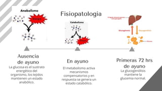 La glucosa es el sustrato
energético del
organismo, los tejidos
mantienen un estado
anabólico.
Ausencia
de ayuno
El metabolismo activa
mecanismos
compensatorios y en
respuesta se genera un
estado catabólico.
En ayuno
La glucogenólisis
mantiene la
glucemia normal.
Primeras 72 hrs
de ayuno
Fisiopatología
 