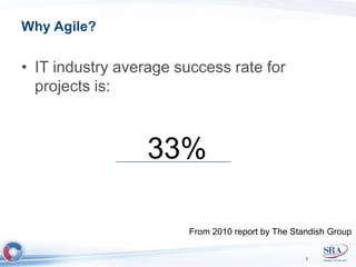 Why Agile? 
• IT industry average success rate for 
projects is: 
5 
33% 
From 2010 report by The Standish Group 
 