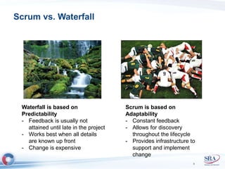 Scrum vs. Waterfall 
9 
Scrum is based on 
Adaptability 
- Constant feedback 
- Allows for discovery 
throughout the lifecycle 
- Provides infrastructure to 
support and implement 
change 
Waterfall is based on 
Predictability 
- Feedback is usually not 
attained until late in the project 
- Works best when all details 
are known up front 
- Change is expensive 
 