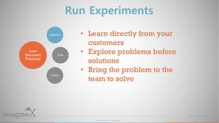 Proprietary and Confidential
www.imagineXconsulting.com
Run Experiments
Implement
Scale
Sustain
Lean
Discovery
Practices
•...