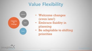 Proprietary and Confidential
www.imagineXconsulting.com
Value Flexibility
Implement
Scale
Sustain
Capacity
for
Change
• We...