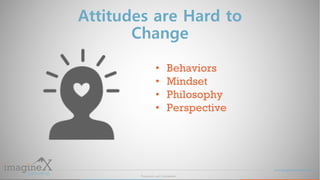 Proprietary and Confidential
www.imagineXconsulting.com
Attitudes are Hard to
Change
• Behaviors
• Mindset
• Philosophy
• ...