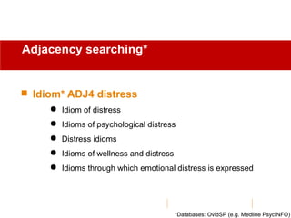 Idiom* ADJ4 distress
 Idiom of distress
 Idioms of psychological distress
 Distress idioms
 Idioms of wellness and distress
 Idioms through which emotional distress is expressed
Adjacency searching*
*Databases: OvidSP (e.g. Medline PsycINFO)
 