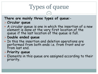 Types of queue
10
There are mainly three types of queue:-
 Circular queue
 A circular queue is one in which the insertion of a new
element is done at the very first location of the
queue if the last location of the queue is full.
 Double ended queue
 In this the insertion and deletion operations are
performed from both ends i.e. from front end or
from last end.
 Priority queue
 Elements in this queue are assigned according to their
priority.
 