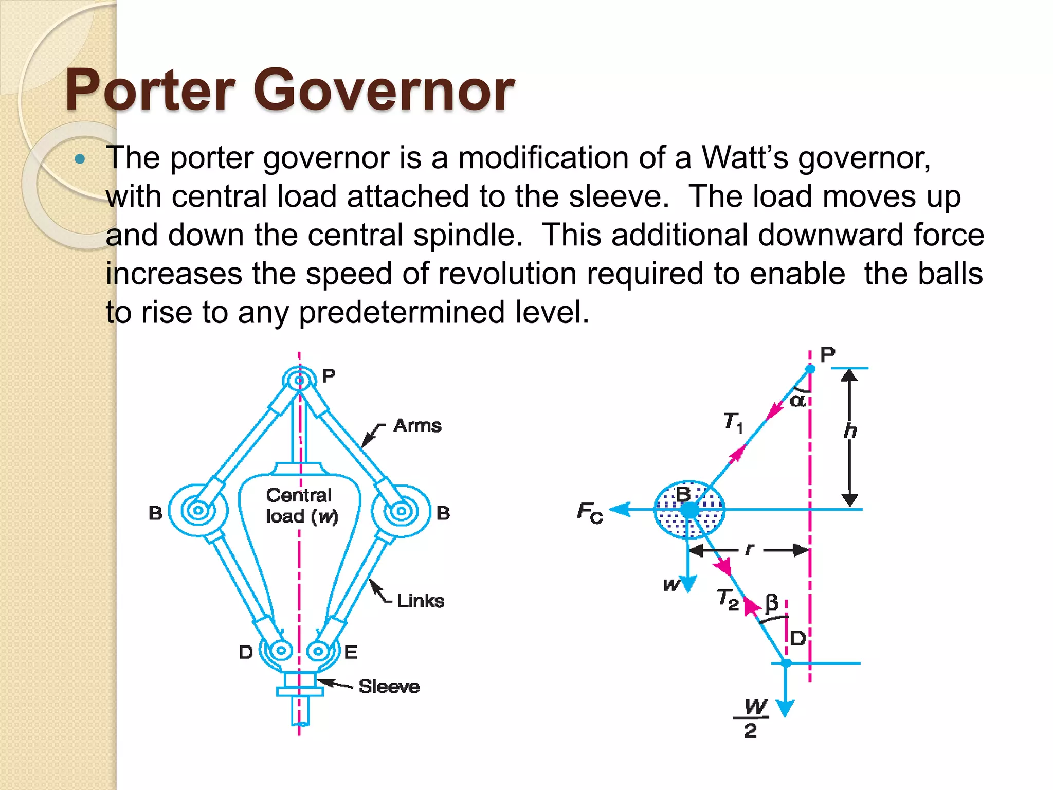 Porter Governor
 The porter governor is a modification of a Watt’s governor,
with central load attached to the sleeve. The load moves up
and down the central spindle. This additional downward force
increases the speed of revolution required to enable the balls
to rise to any predetermined level.
 