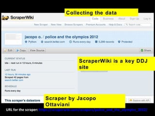 Collecting the data
Scraper by Jacopo
Ottaviani
URL for the scraper: https://scraperwiki.com/scrapers/police_and_the_olympics_2012/
ScraperWiki is a key DDJ
site
 