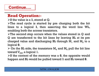 Read Operation:-
  If the value is a 1, stored at Q.
  The read cycle is started by pre charging both the bit
lines to a logical 1, then asserting the word line WL,
enabling both the access transistors.
  The
  Th second step occurs when th values stored i Q and
              d t               h the l      t    d in       d
Q are transferred to the bit lines by leaving BL at its pre
charged value and discharging BL through M1 and M5 to a
      g                        g g        g
logical 0.
   On the BL side, the transistors M4 and M6 pull the bit line
toward VDD, a logical 1  1.
  If the content of the memory was a 0, the opposite would
happen and BL would be pulled toward 1 and BL toward 0.


                        NITM , GWALIOR
 