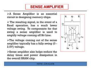 A Sense Amplifier is an essential
     S        A lifi   i           i l
circuit in designing memory chips.
  The resulting signal in the event of a
                signal,
Read operation, has a much lower
voltage swing. To compensate for that
swing a sense amplifier is used to
amplify voltage coming off Bit Line.
  The lt
  Th voltage coming out of th sense
                    i      t f the
amplifier typically has a fully swing (0 -
2.5V) voltage.
    )      g
  Sense amplifier also helps reduce the
delay times and power dissipation in
the overall SRAM chip.
                        NITM , GWALIOR
 