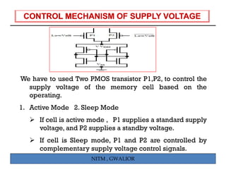 We have to used Two PMOS transistor P1,P2, to control the
  supply voltage of the memory cell based on the
   p      g
  operating.
1. Active Mode 2. Sleep Mode
     If cell is active mode , P1 supplies a standard supply
     voltage, and P2 supplies a standby voltage.
     If cell is Sleep mode, P1 and P2 are controlled by
     complementary supply voltage control signals.
                     NITM , GWALIOR
 