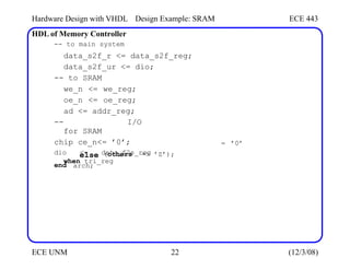 Hardware Design with VHDL
HDL of Memory Controller
-- to main system
Design Example: SRAM ECE 443
data_s2f_r <= data_s2f_reg;
data_s2f_ur <= dio;
-- to SRAM
we_n <= we_reg;
oe_n <= oe_reg;
ad <= addr_reg;
-- I/O
for SRAM
chip ce_n<= ’0’;
dio <= data_f2s_reg
when tri_reg
= ’0’
else
arch;
(others => ’Z’);
end
ECE UNM 22 (12/3/08)
 