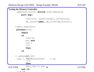 Hardware Design with VHDL Design Example: SRAM ECE 443
Testing the Memory Controller
debounce_unit2: entity work.debounce
port map(
clk=>clk, reset=>reset, sw=>btn(2),
db_level=>open, db_tick=>db_btn(2));
--data registers
process(clk)
begin
if
(clk’ev
ent and
clk =
’1’)
then
if
(db_btn
(0) =
’1’)
then
data_reg <= sw;
end if;
-- address
addr <= "000000000000000" & sw;
ECE UNM 26 (12/3/08)
 
