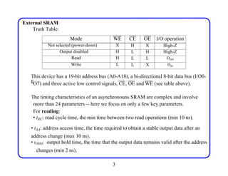 External SRAM
Truth Table:
This device has a 19-bit address bus (A0-A18), a bi-directional 8-bit data bus (I/O0-
I/
O7) and three active low control signals, CE, OE and WE (see table above).
The timing characteristics of an asynchronouns SRAM are complex and involve
more than 24 parameters -- here we focus on only a few key parameters.
For reading:
• tRC: read cycle time, the min time between two read operations (min 10 ns).
• tAA: address access time, the time required to obtain a stable output data after an
address change (max 10 ns).
• tOHA: output hold time, the time that the output data remains valid after the address
changes (min 2 ns).
3
Mode WE CE OE I/O operation
Not selected (power-down) X H X High-Z
Output disabled H L H High-Z
Read H L L Dout
Write L L X Din
 